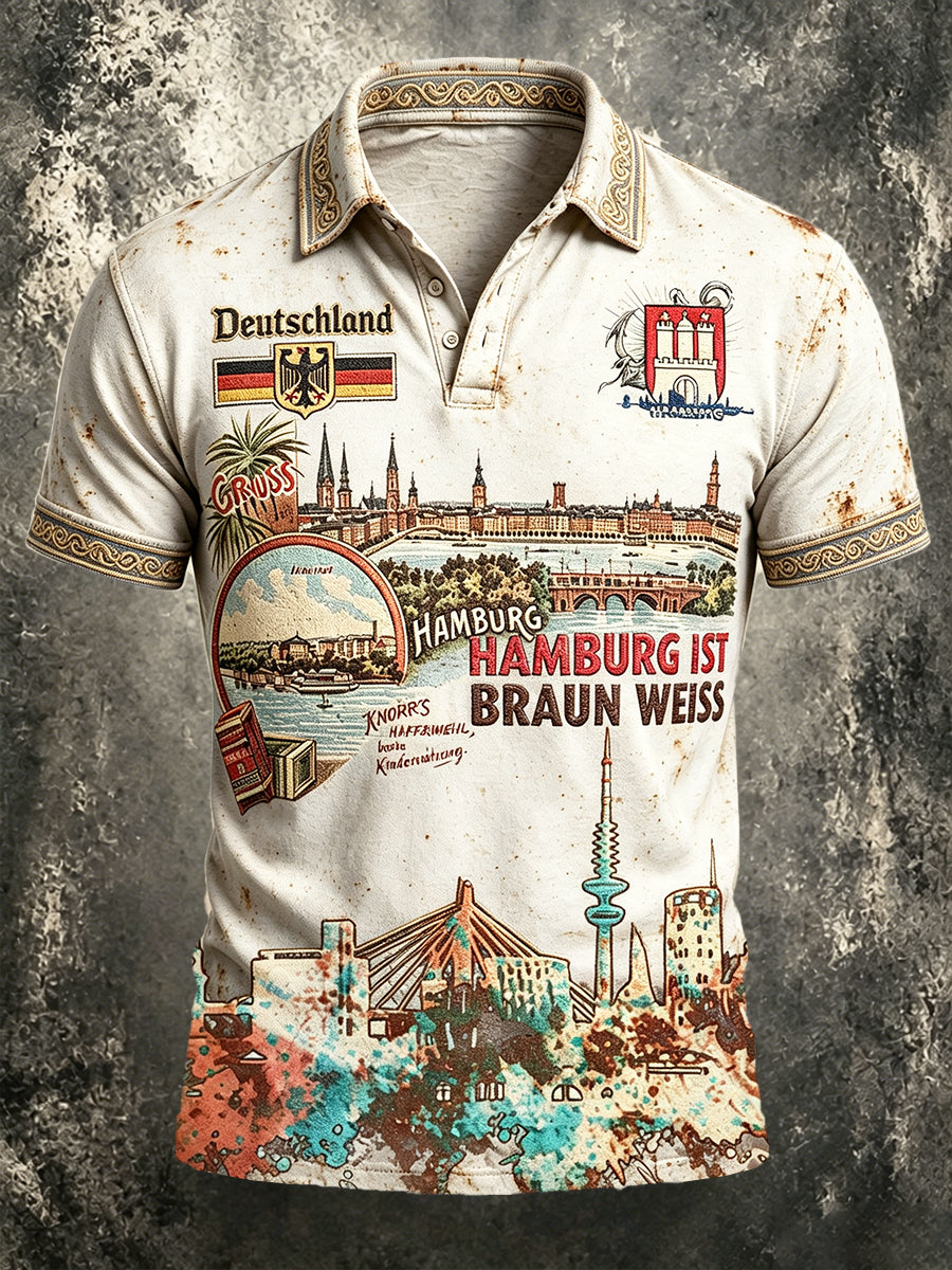 Herren-Vintage-Poloshirt in Weiß mit deutschem Hamburg-Print, lässig geschnitten