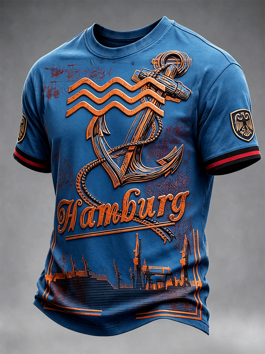 Herren-Casual-T-Shirt in Blau mit Anker-Print aus Hamburg