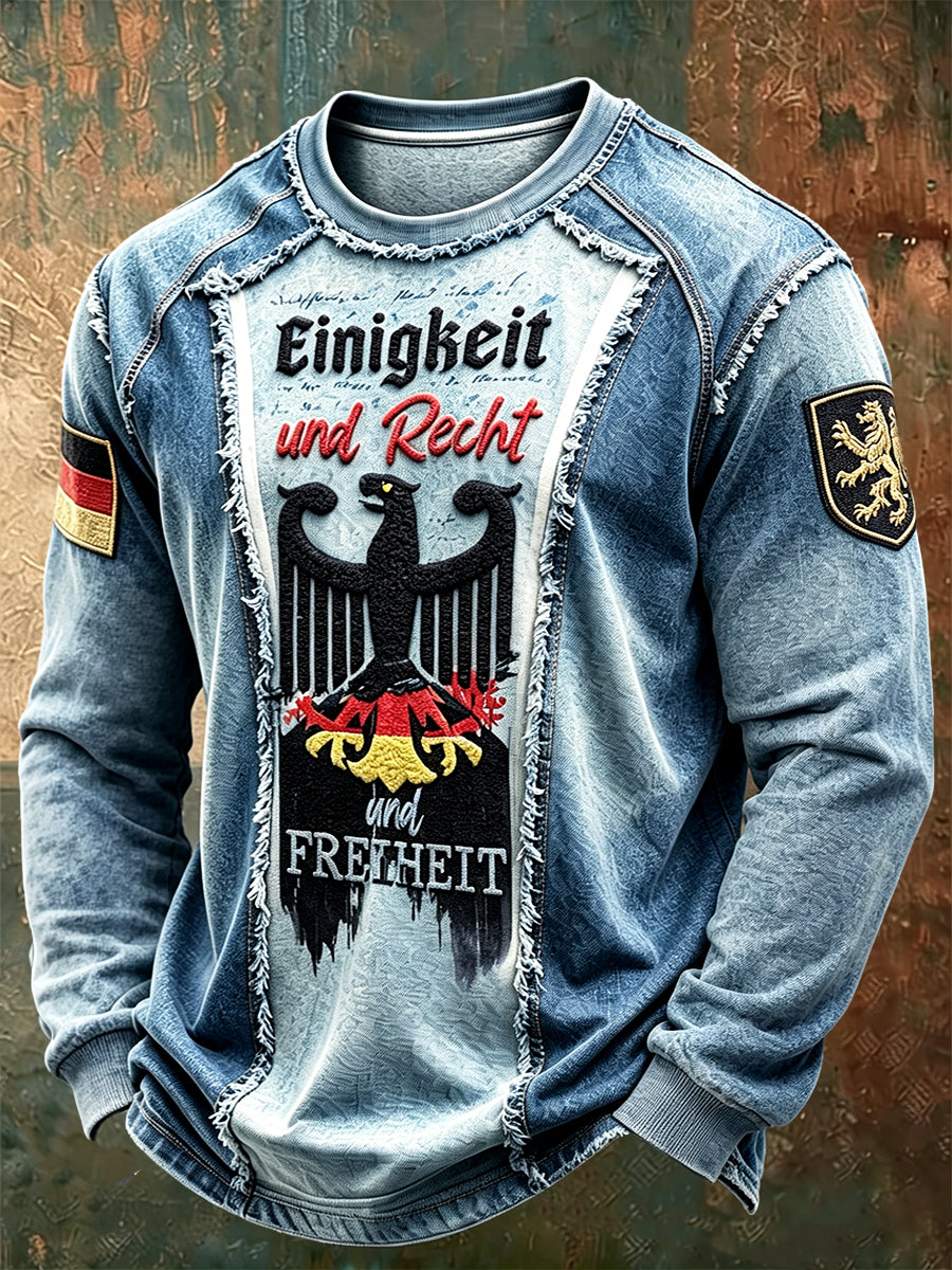 Langärmliges T-Shirt mit Patchwork-Druck für Männer, Schwarz adler
