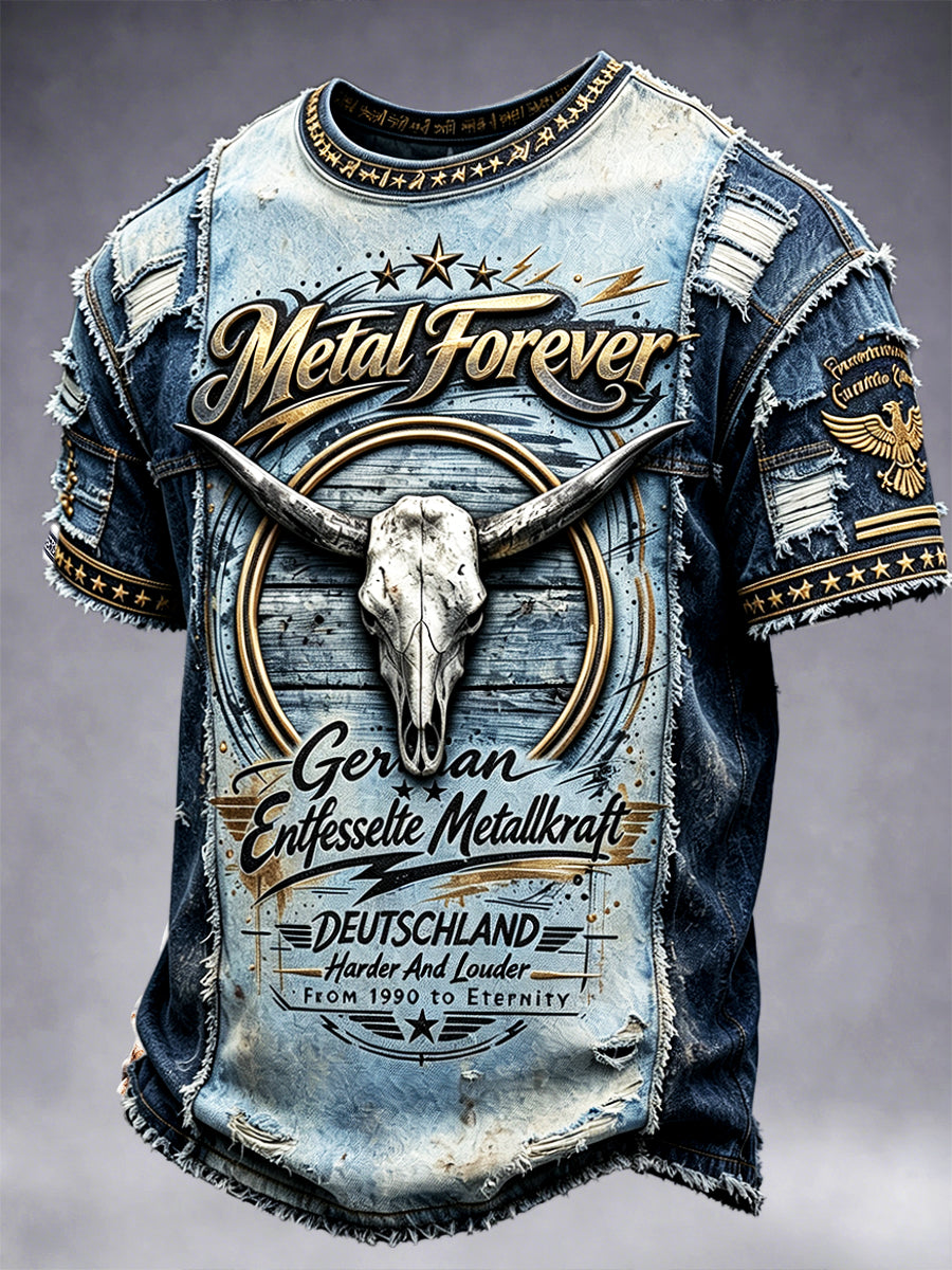 Herren Deutsches Wacken Music Festival Retro Denim Patchwork 3D-gedrucktes lässiges T-Shirt