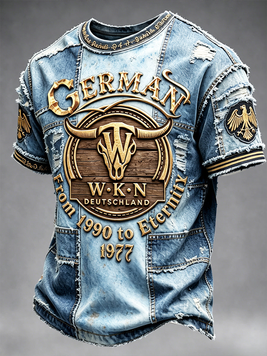 Herren Blau Deutsches Wacken Music Festival Denim Patchwork Print Casual T-Shirt