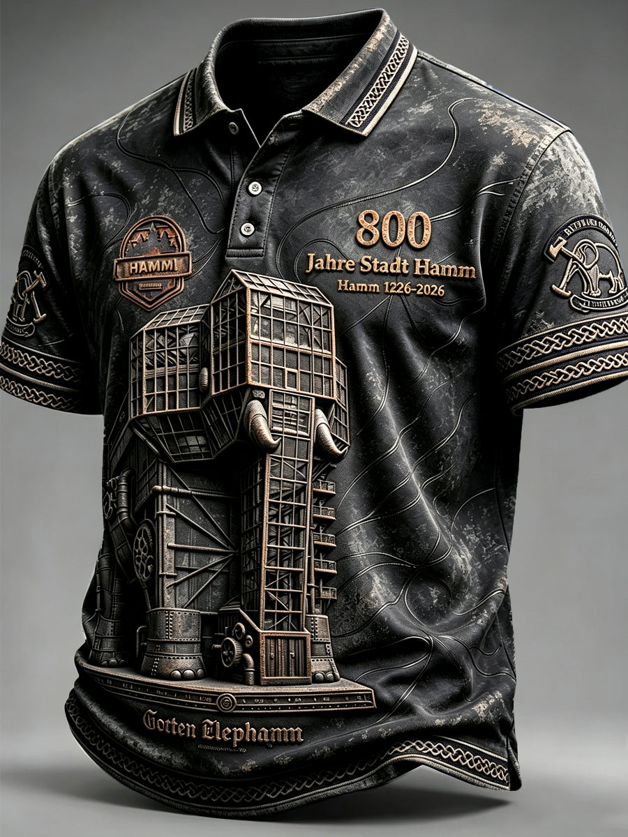 Herren-Poloshirt in Schwarz mit 3D-Druck zum 800. Jubiläum der Deutschen Hamm, lässiger Stil