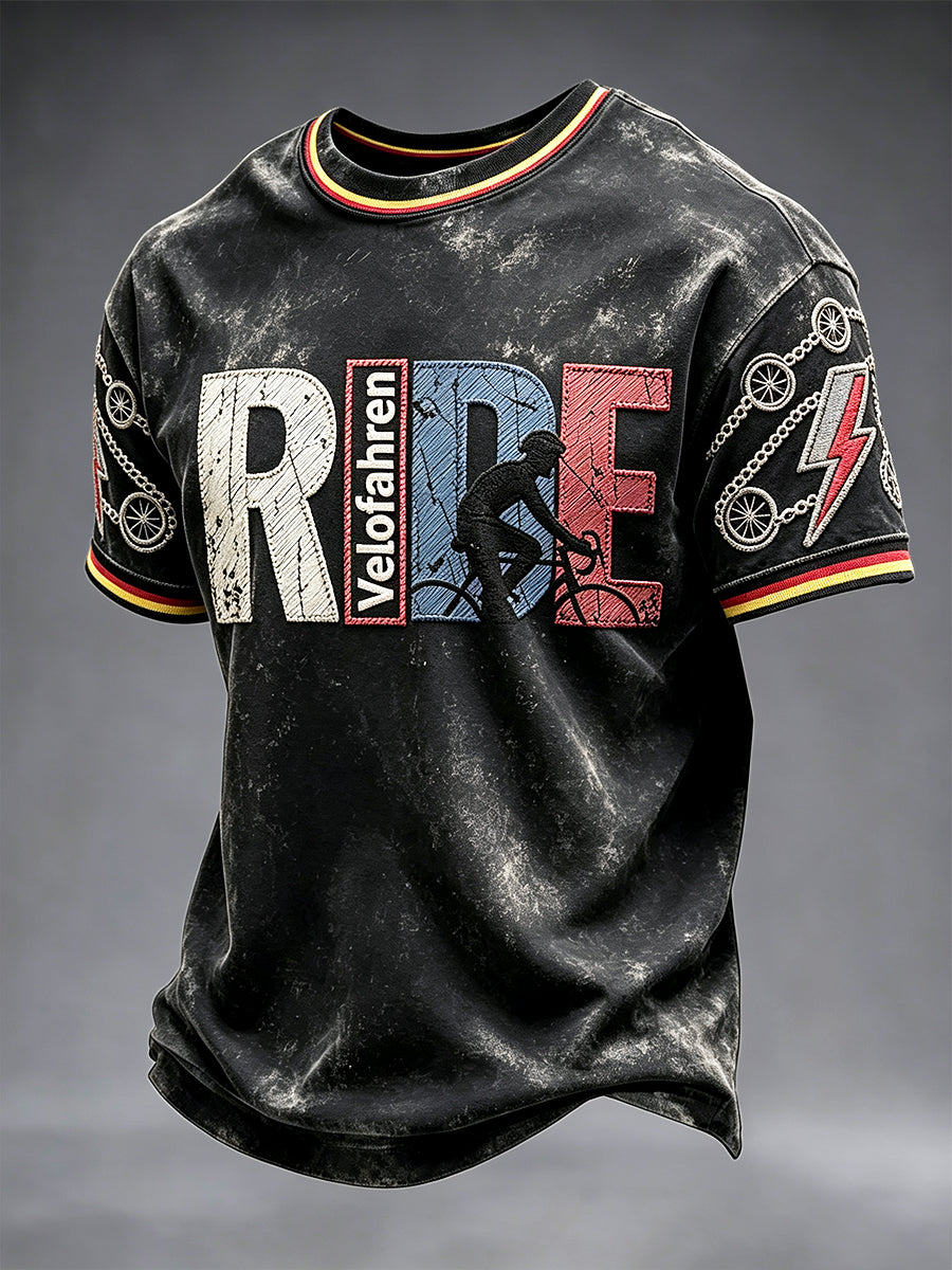 Herren-T-Shirt in Schwarz mit deutschem Radsport-Print, lässig geschnitten