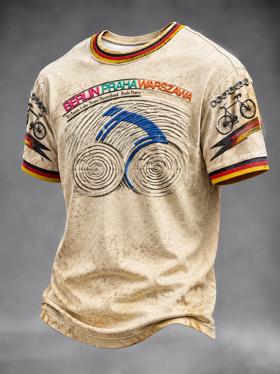 Herren-Vintage-T-Shirt mit deutscher Flagge im Fahrradstil, lässiger Print