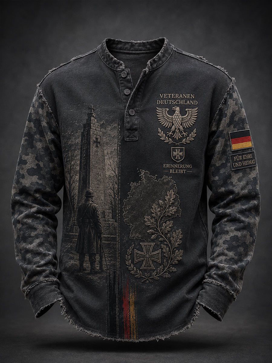 Men's Long-Sleeve Top With Vintage Veteran Commemorative Print
