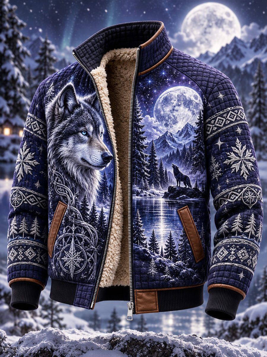 Men's Nordic Forest Animal Print Fleece-Lined Stand-Collar Jacket