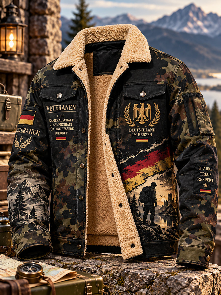 Men's Veteran-Themed Camo-Print Fleece-Lined Jacket
