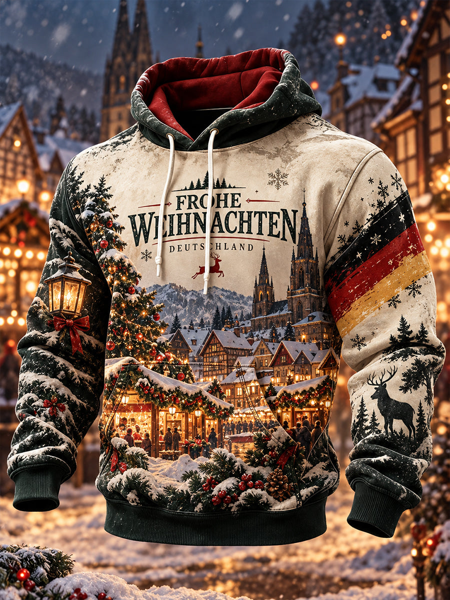 Men's Christmas-Themed Graphic Print Hooded Sweatshirt