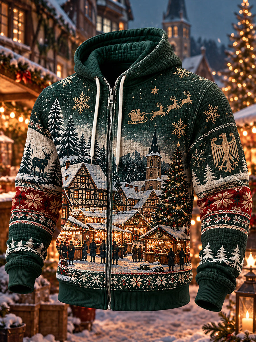Men’s Christmas-Themed Print Waffle-Knit Hooded Sweatshirt Jacket