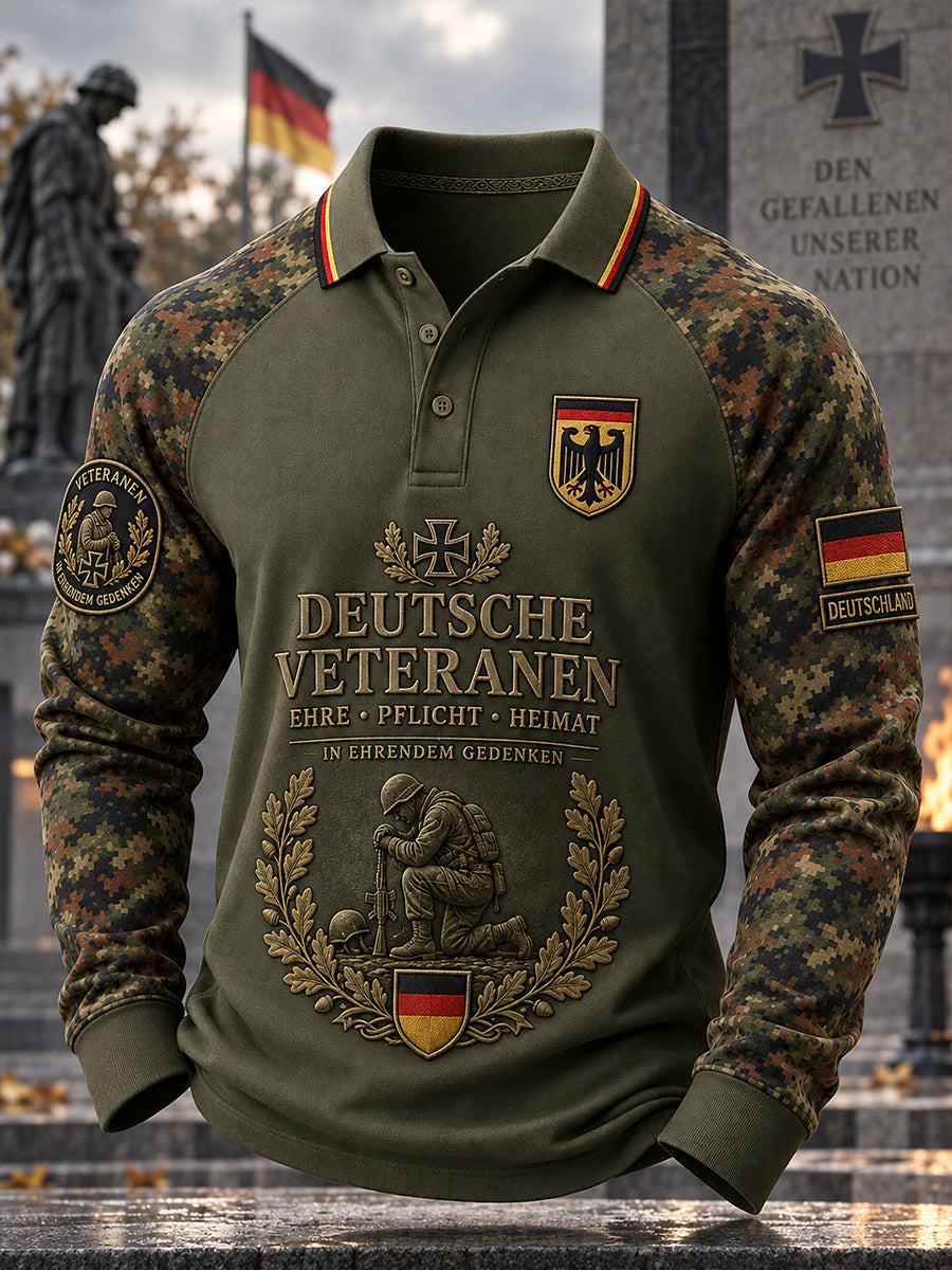 Men’s Veteran Memorial-Themed Long-Sleeve Raglan-Sleeve Polo Shirt