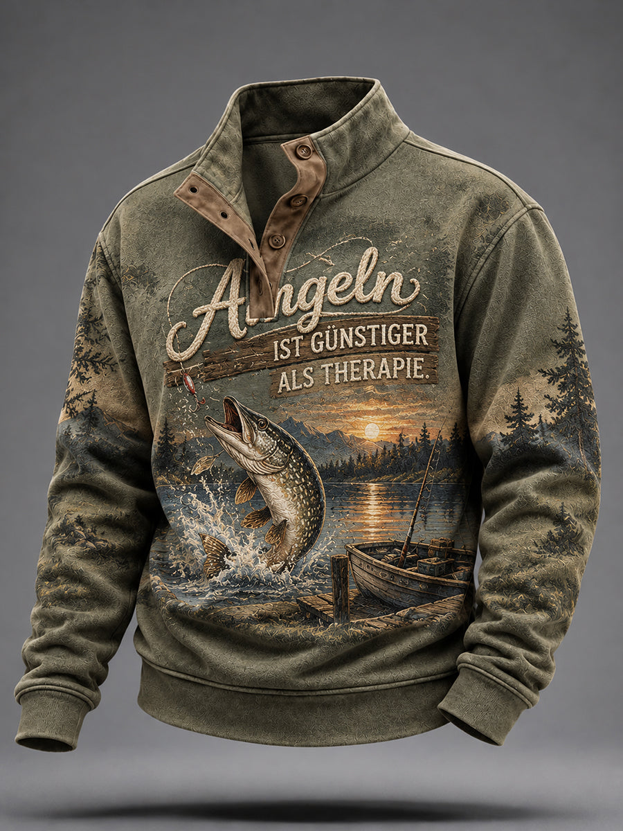 Men's Funny Fishing Slogan Print four-button Sweatshirt