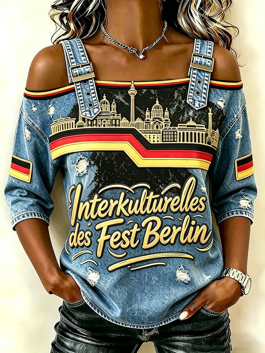 Damen-„Karneval der Kulturen“-Print Denim-Optik Casual Neckholder-Top