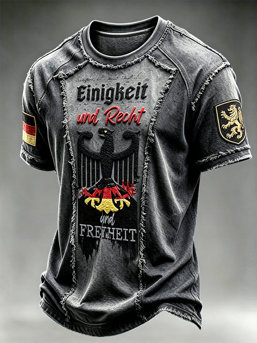 Herren deutsche Flagge Schwarzer Adler Denim Patchwork Print Freizeit T-Shirt