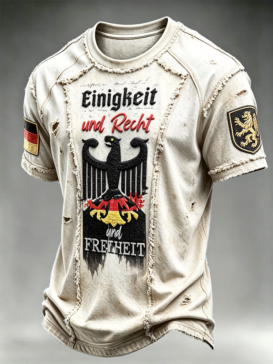Herren deutsche Flagge Schwarzer Adler Denim Patchwork Print Freizeit T-Shirt