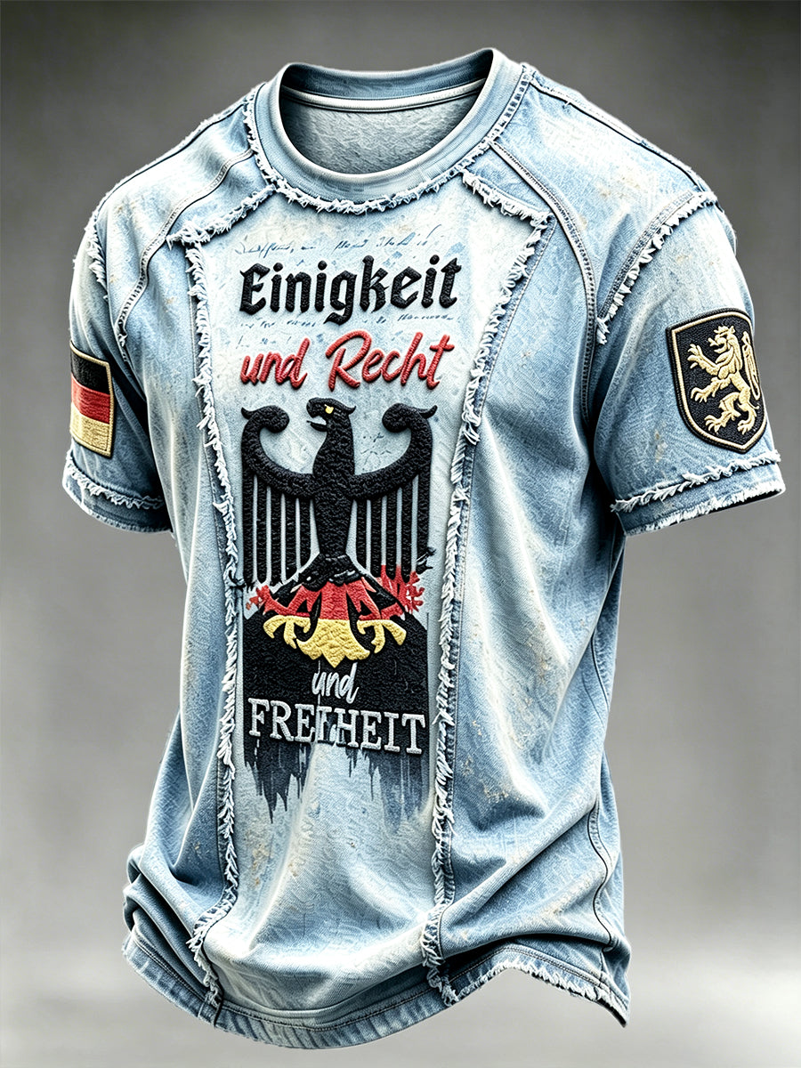Herren deutsche Flagge Schwarzer Adler Denim Patchwork Print Freizeit T-Shirt