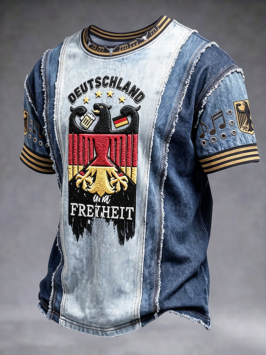 Herren Deutsch Fußball 3D Denim Patchwork Print Freizeit T-Shirt