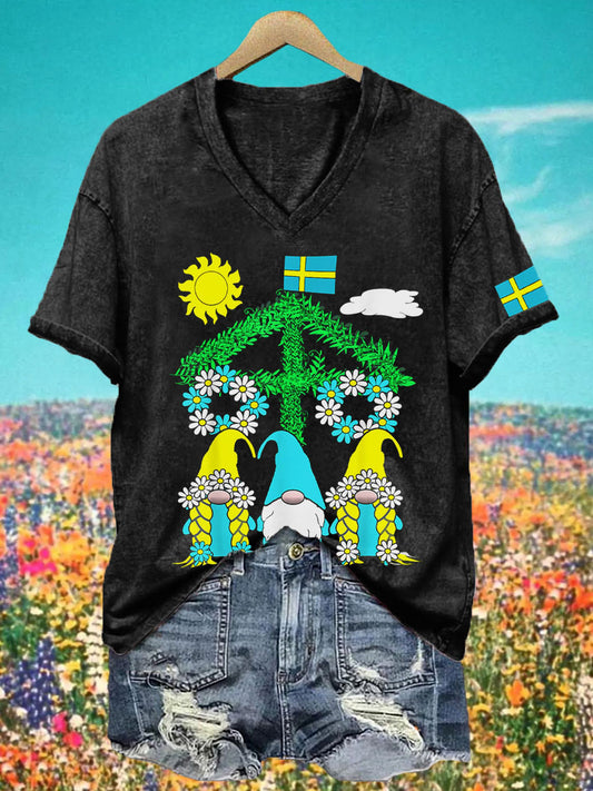 Kvinnors midsommar Print V Nacke T-shirt