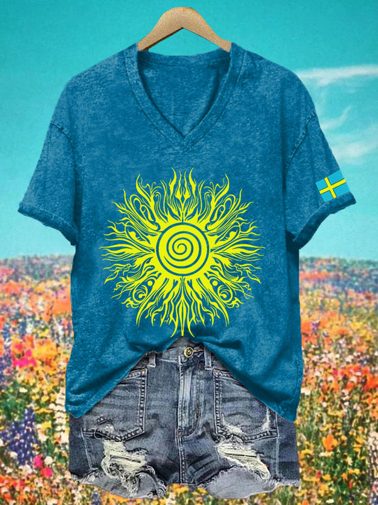 Kvinnors midsommar Print V Nacke T-shirt