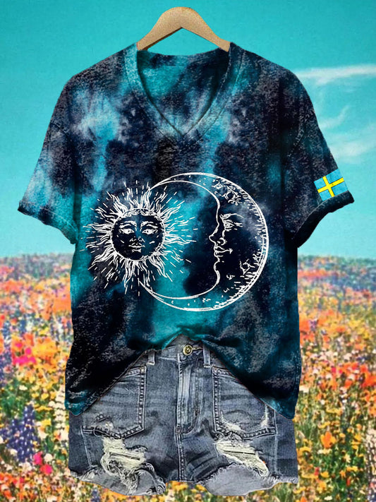 Kvinnors midsommar Print V Nacke T-shirt
