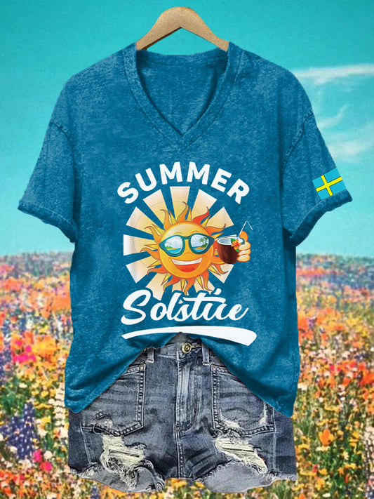 Kvinnors sommar solstånd V hals T-shirt