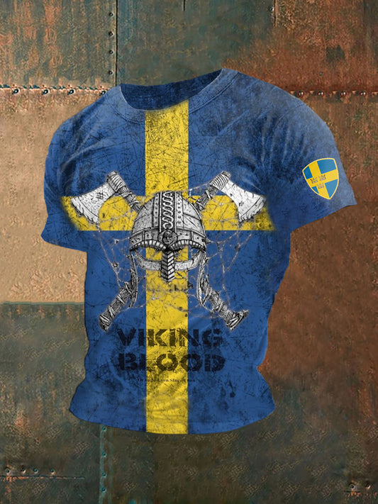 Retro Svenska Viking Svenska Flag Tema Skriv ut Casual T-shirt