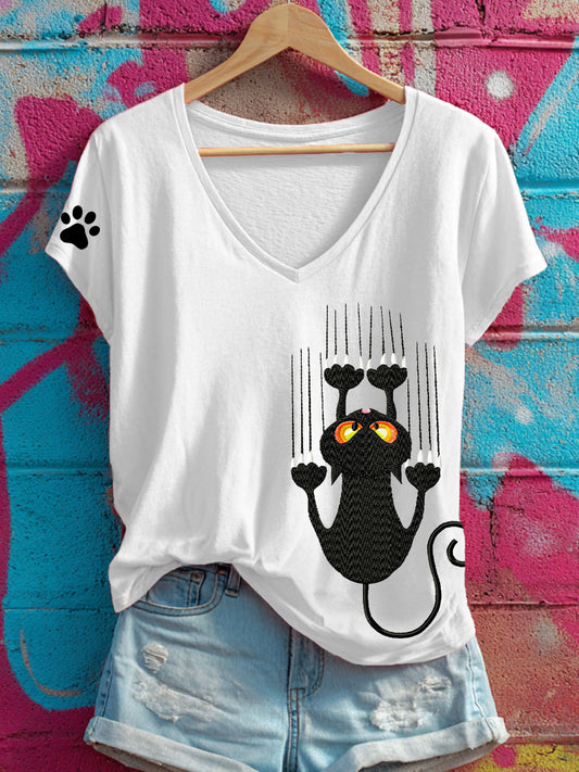 Kvinnors skrap katt V-hals T-shirts