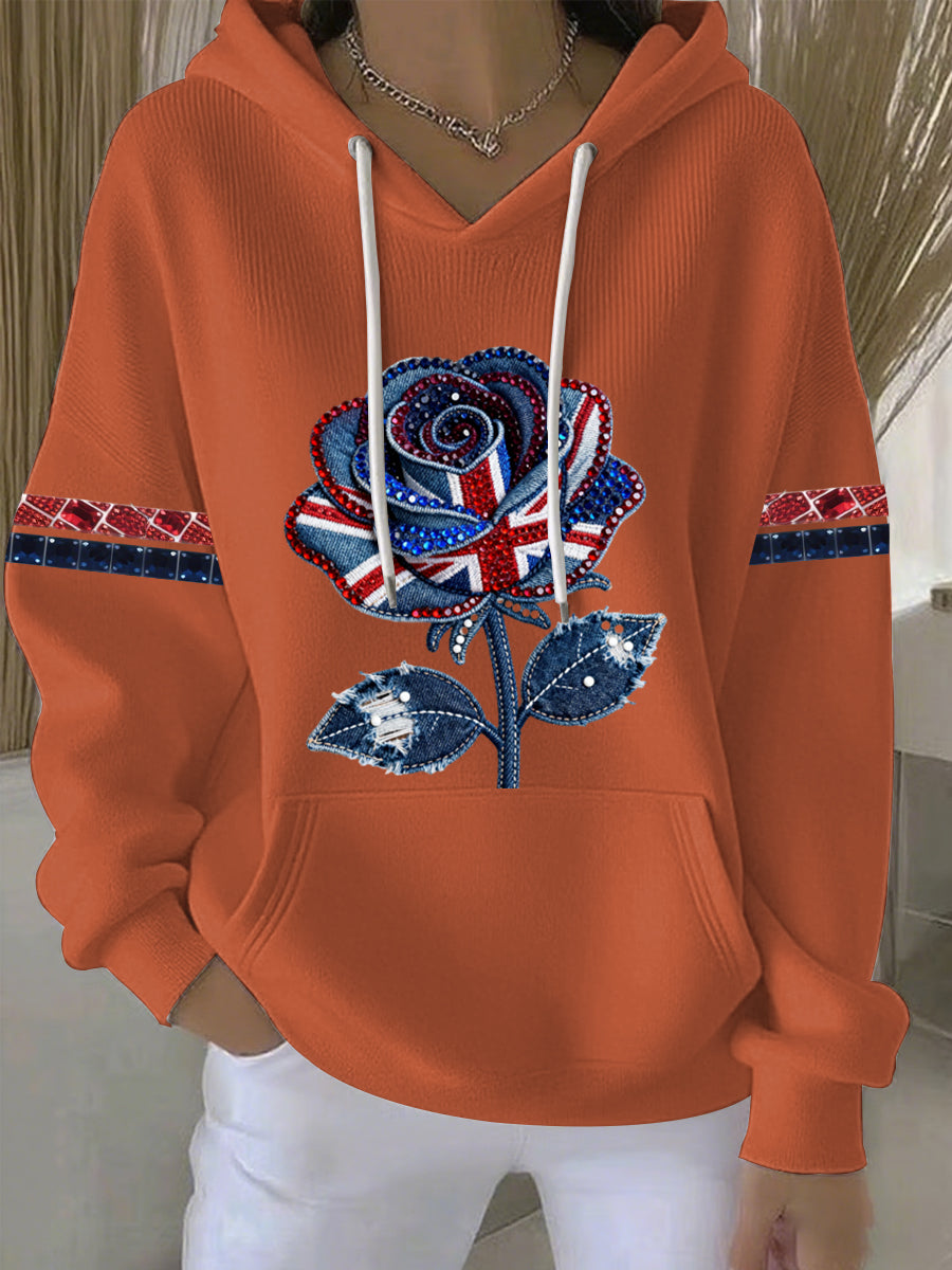 Women's British style imitation denim rhinestone hot-drill Print Casual Hoodie