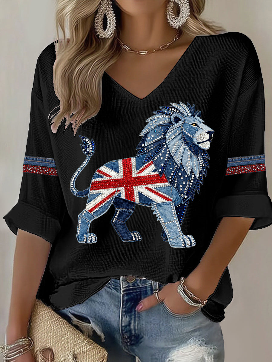 Women's British style imitation rhinestone hot-drilling Printed T-shirt