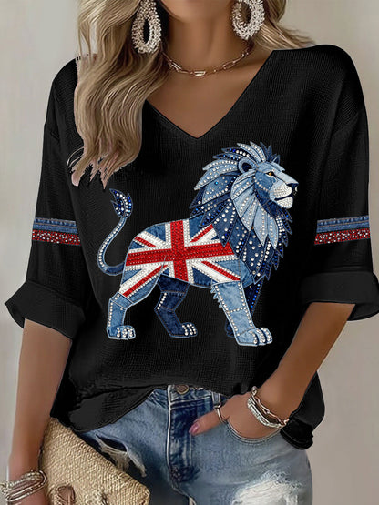 Women's British style imitation rhinestone hot-drilling Printed T-shirt