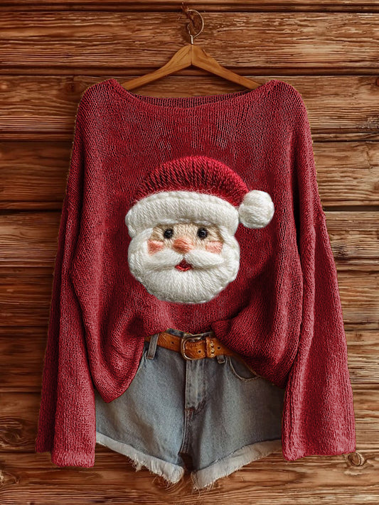 Women's Santa Claus Printed Drop Shoulder Long Sleeve Antarctic Fleece Sweater