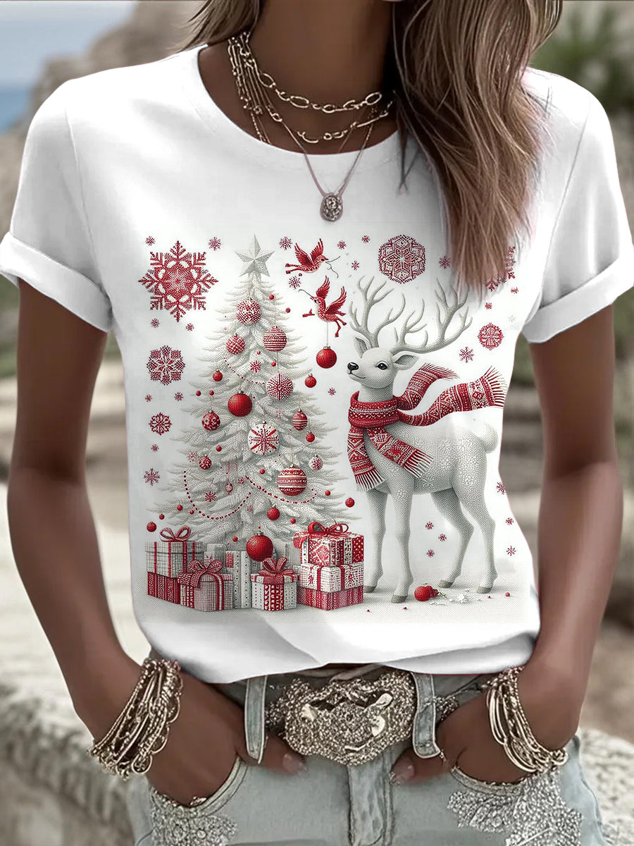 Women's Christmas Elk Printed Vintage Fashion Loose Short Sleeve T-Shirt