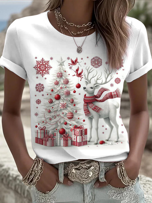 Women's Christmas Elk Printed Vintage Fashion Loose Short Sleeve T-Shirt