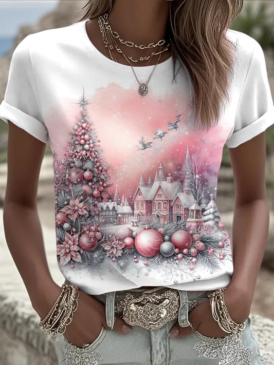 Women's Christmas Printed Vintage Fashion Loose Short Sleeve T-Shirt