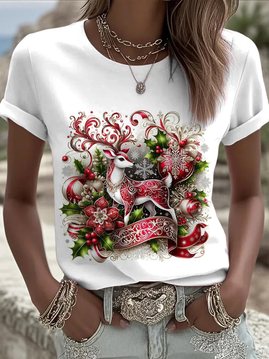 Women's Christmas Elk Printed Vintage Fashion Loose Short Sleeve T-Shirt