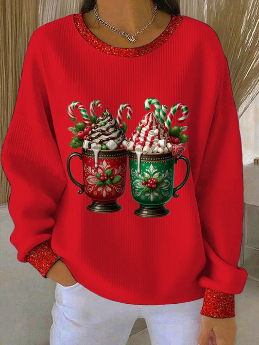 Women's Christmas Printed Long Sleeved Round Neck Sweatshirt