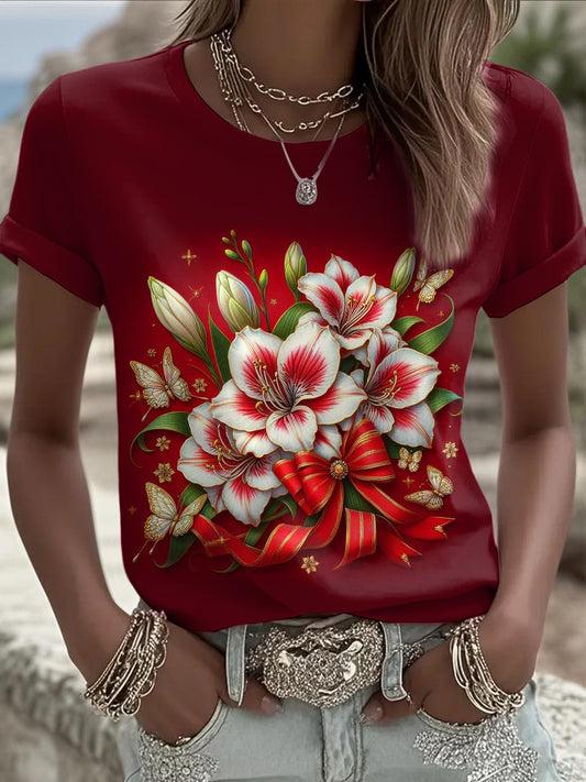 Women's Christmas Printed Vintage Fashion Loose Short Sleeve T-Shirt
