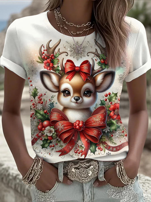 Women's Christmas Elk Printed Vintage Fashion Loose Short Sleeve T-Shirt