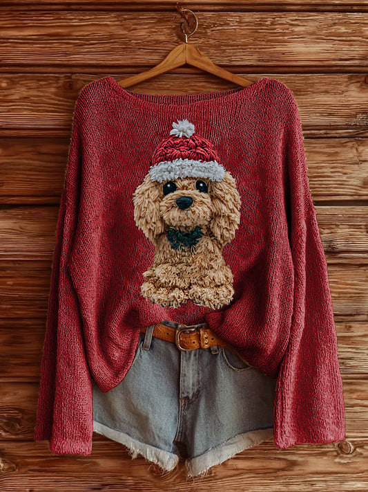 Women's Christmas Cute Pet Printed Drop Shoulder Long Sleeve Antarctic Fleece Sweater