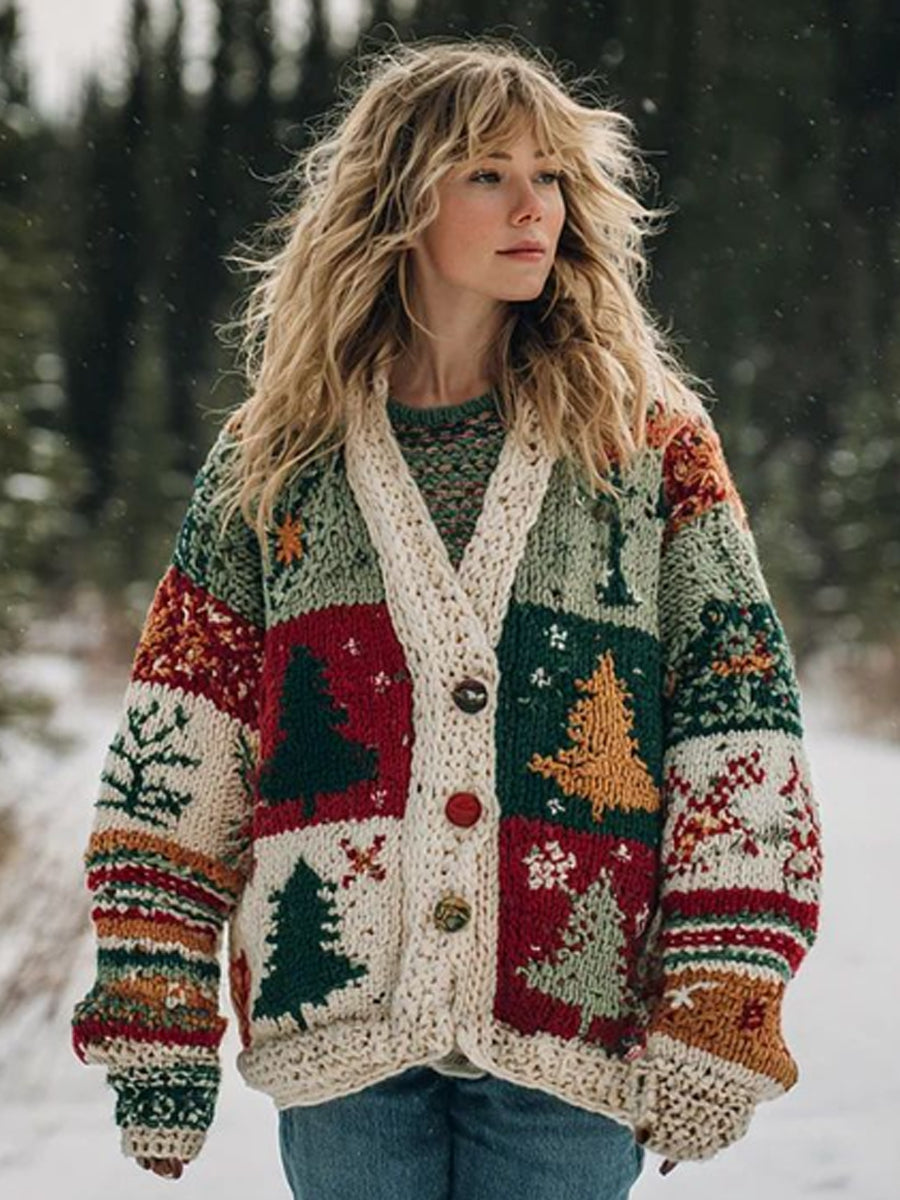 Women's Christmas Tree Patchwork Contrasting Color Buttons Sweater Cardigan