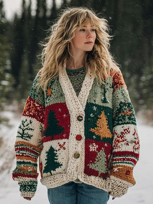 Women's Christmas Tree Patchwork Contrasting Color Buttons Sweater Cardigan