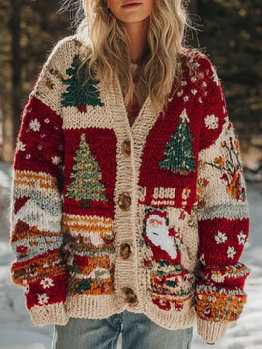 Women's Christmas Tree Patchwork Contrasting Color Buttons Sweater Cardigan
