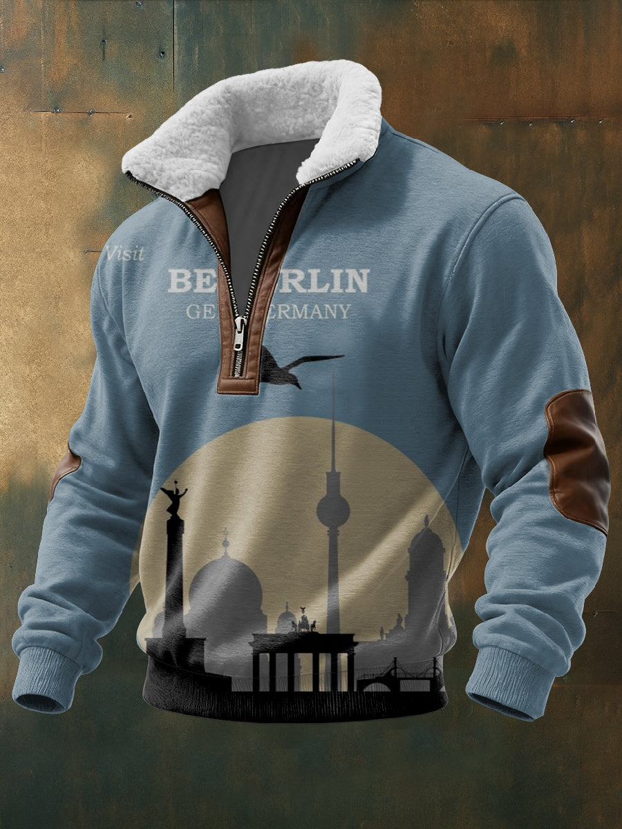 Herren-Sweatshirt mit Reiß verschluss mit blauem Berliner Skyline-Print