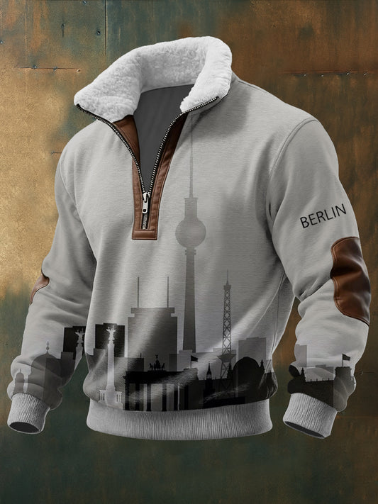 Herren-Sweatshirt mit Reiß verschluss mit grauem Berliner Skyline-Print