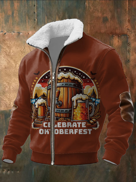 Herren-Jacke mit braunem Oktoberfest-Bier druck mit Sherpa-Auszug mit Reiß verschluss