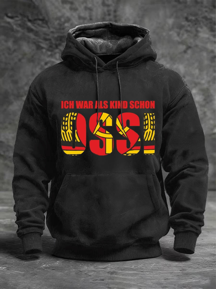 Herren schwarzer Hoodie mit "Ich Krieg als Kind Schon Ossi"-Print