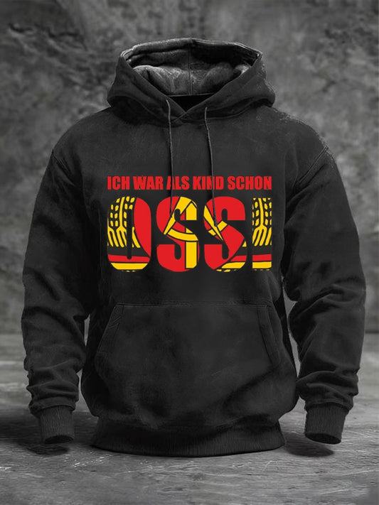 Herren schwarzer Hoodie mit "Ich Krieg als Kind Schon Ossi"-Print