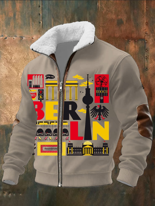 Herren Beige Berlin Landmark Collage Print Sherpa-Gelinierte Zip Jacke