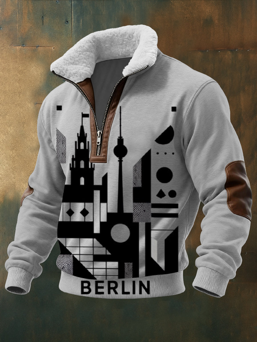 Herren-Sweatshirt mit Reiß verschluss mit grauem Berliner geometrischem Skyline-Druck