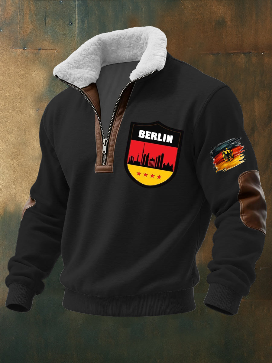 Herren-Sweatshirt mit Reiß verschluss mit schwarzem Berliner Schild und Flagge
