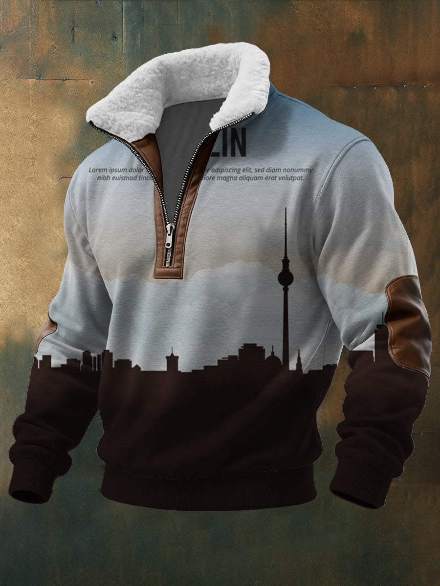 Herren-Sweatshirt mit Reiß verschluss mit grauem Berliner Skyline-Print